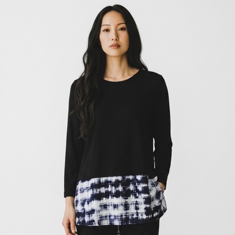 Cynthia Rowley Women L Black Mixed Media Top Blue Plaid Hem Back Zip